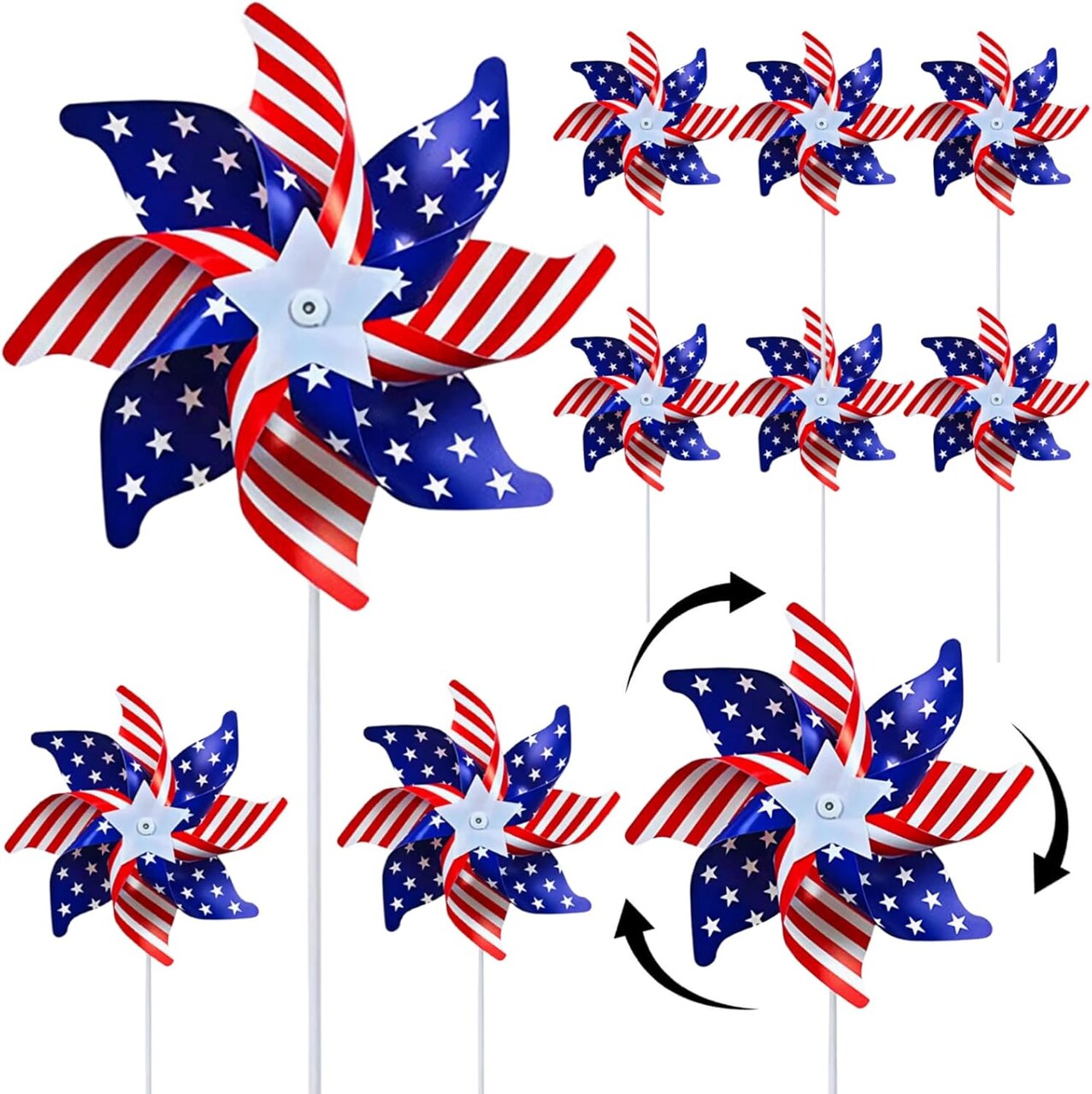 10 Pcs Patriotic Pinwheels for Yard & Garden - Red White and Blue American Flag Wind Spinners for 4th of July, Independence Day Decorations, Bird Deterrent Devices for Outdoor Decor & Parades